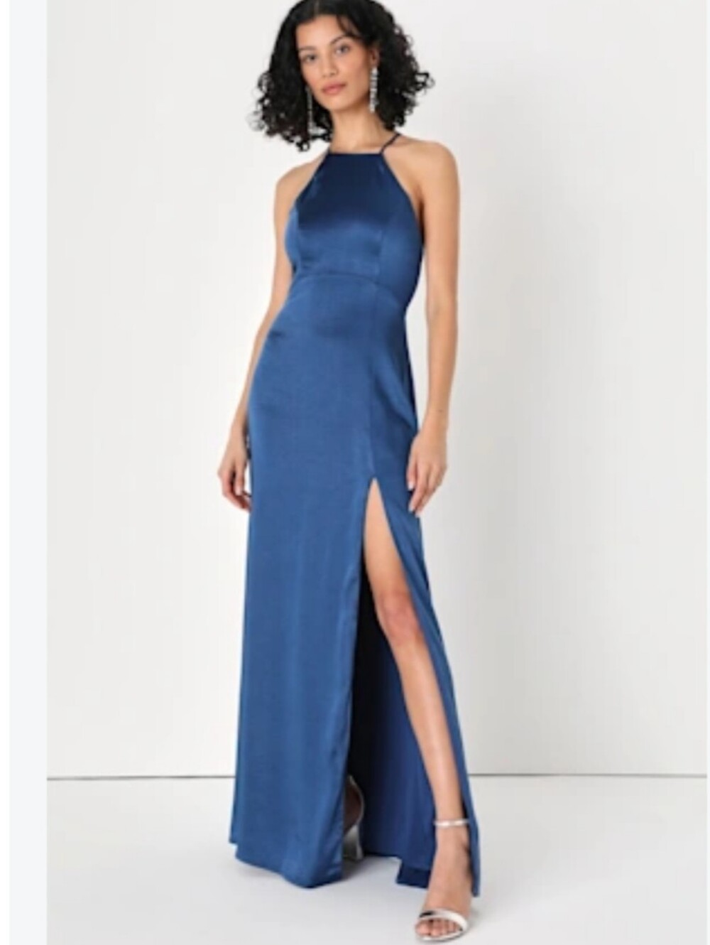 Lulu's Born To Captivate Blue Satin Backless A-Line Maxi Dress